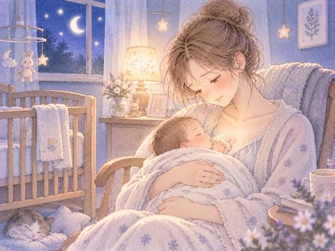 夜の部屋で赤ちゃんを抱く母親