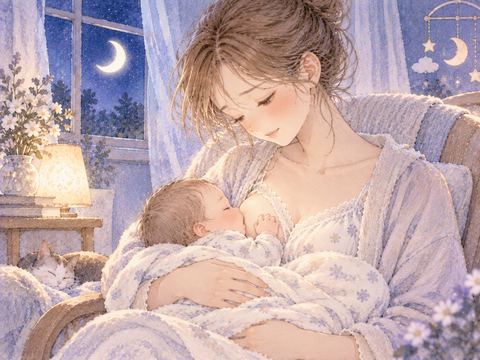 赤ちゃんを抱いて穏やかに授乳する女性