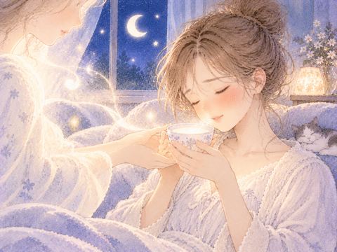 乳白色の飲み物を受け取り安堵する女性