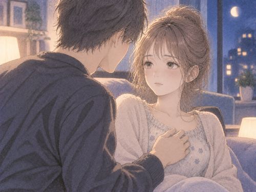 近くの相手を無表情で静かに見る女性