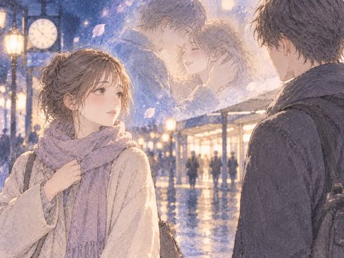 少し離れた元恋人を静かに見つめる女性