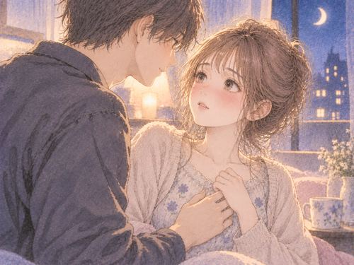 近づく相手に照れながら胸元へ手を添える女性