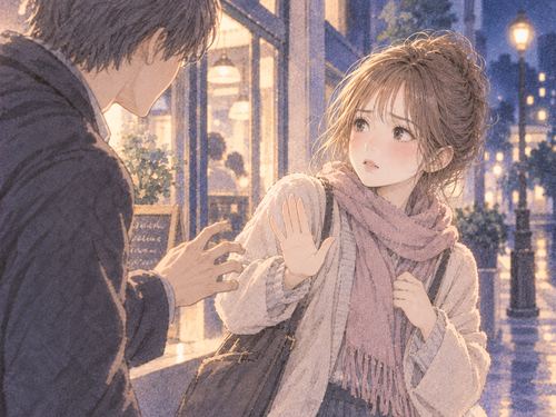 近づく相手に手のひらを向け距離を取る女性