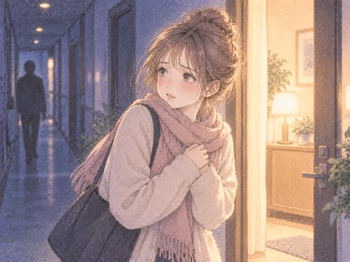 胸元を守りながら安全な明かりへ向かう女性