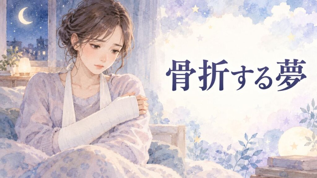 固定した腕を見つめる夜の部屋の女性