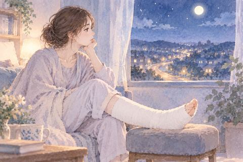 固定した足を休ませながら先を見る女性