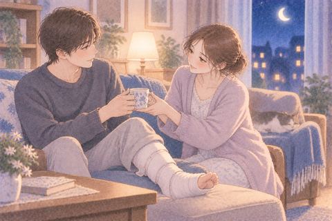 固定した足の家族に寄り添う女性
