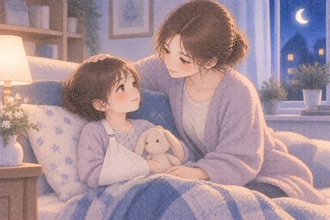 固定した腕の子供を見守る女性