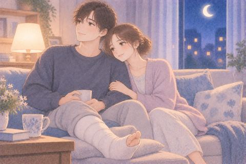固定した足の恋人に寄り添う女性