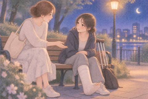 骨折した友達へ手を差し伸べる女性