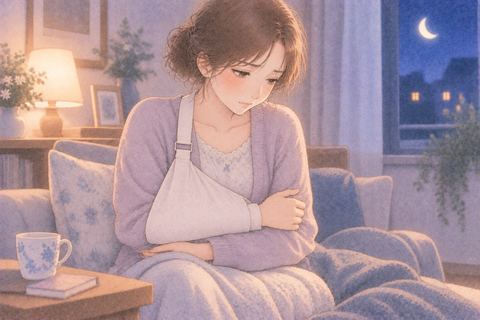 固定した腕を押さえ痛みに耐える女性