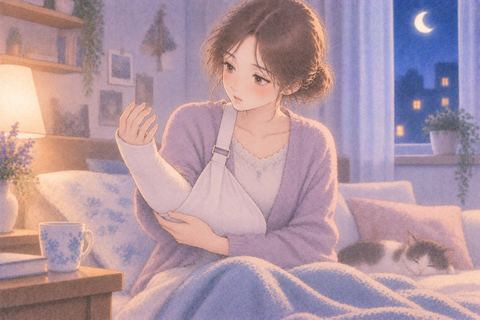 固定した腕を不思議そうに見る女性