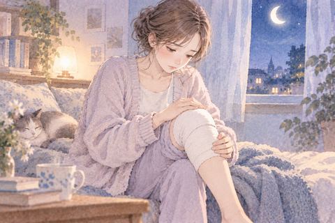固定した膝をいたわり座る女性