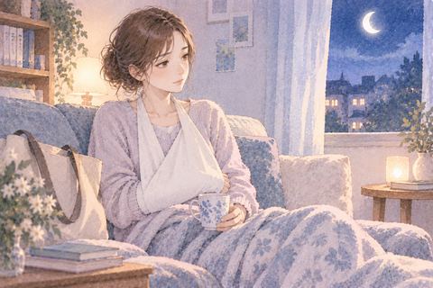 固定した腕を抱えて休む女性