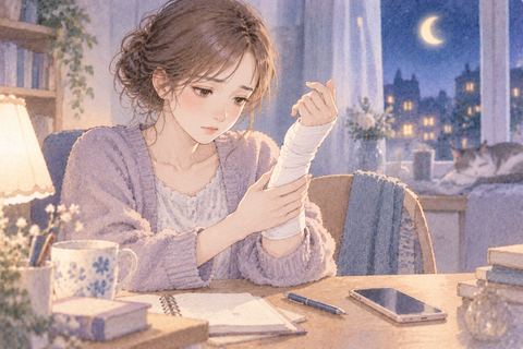 固定した手首を見つめる女性