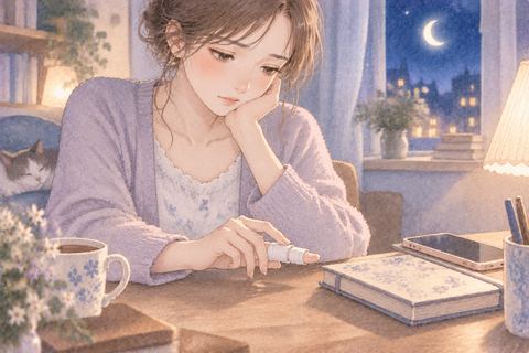 固定した指を休ませる女性の手元