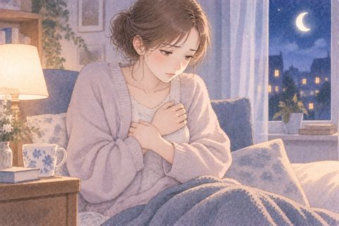 胸元をそっとかばう女性