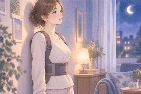 背中を支えられ静かに立つ女性
