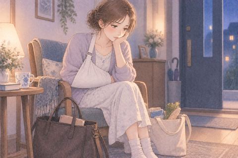 固定した腕で休む女性と置かれた荷物