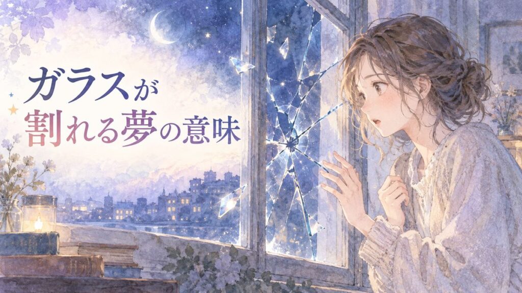夜の部屋でひび割れた窓を見つめる大人の女性