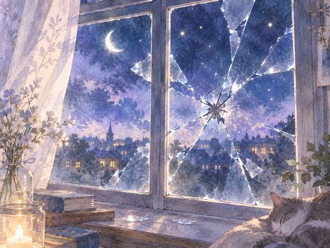夜空を背景にひび割れた窓ガラス