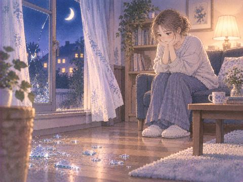 床のガラス片を離れた場所から見つめる女性