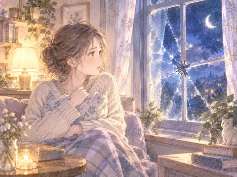 夜の家で割れた窓を見つめる女性