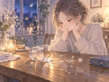 夜のテーブルで割れたガラスのコップ
