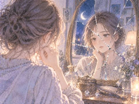 ひび割れた鏡に映る女性の顔