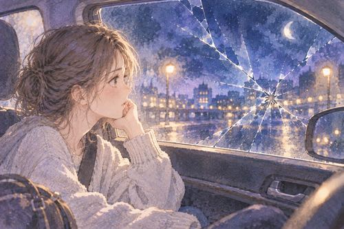 夜の車内から見えるひび割れた窓ガラス