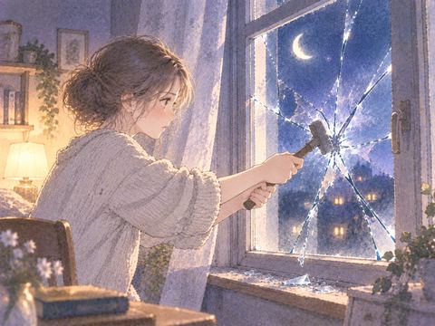 出口を作るため窓ガラスを割る女性