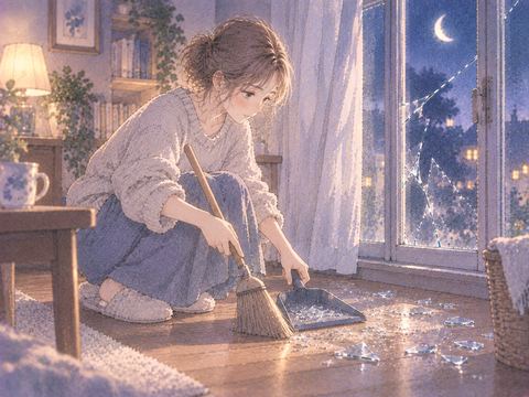 割れたガラスをほうきで片付ける女性