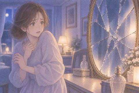 割れた鏡を怖そうに見る女性