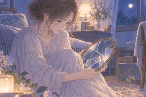 割れた鏡を悲しそうに見つめる女性