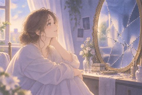 割れた鏡を前にほっとする女性