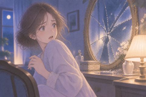 割れた鏡に驚いて振り向く女性