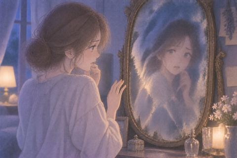 不気味な鏡をためらいながら見る女性