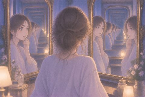 合わせ鏡の連なる自分を見る女性