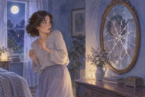 突然ひび割れた鏡に驚く女性