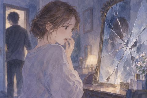 他人に割られた鏡を見る女性
