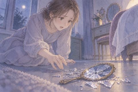 落として割れた鏡に焦る女性