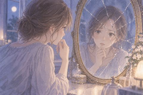 ひび割れた鏡を静かに見る女性
