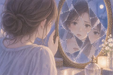 割れた鏡に自分の顔を見る女性