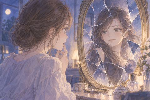 割れた鏡に別の表情の自分を見る女性