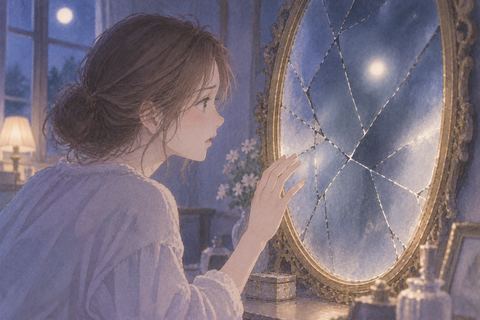 何も映らない割れた鏡を見る女性