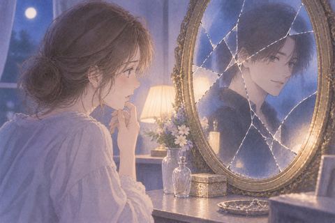 割れた鏡に別の人物が映る場面