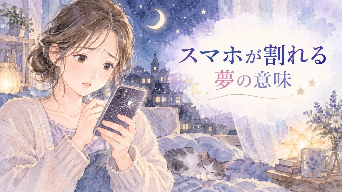 割れたスマホを見つめる大人の女性と静かな夜