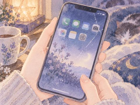 画面に一本の細いヒビが入ったスマホ