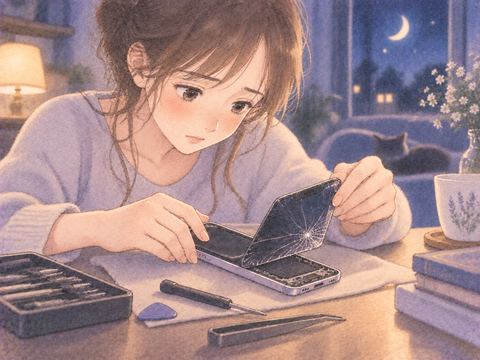 割れたスマホを丁寧に直そうとする女性の手元