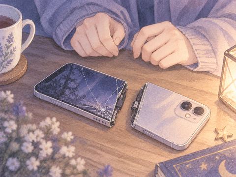 本体が二つに折れたスマホを見つめる手元